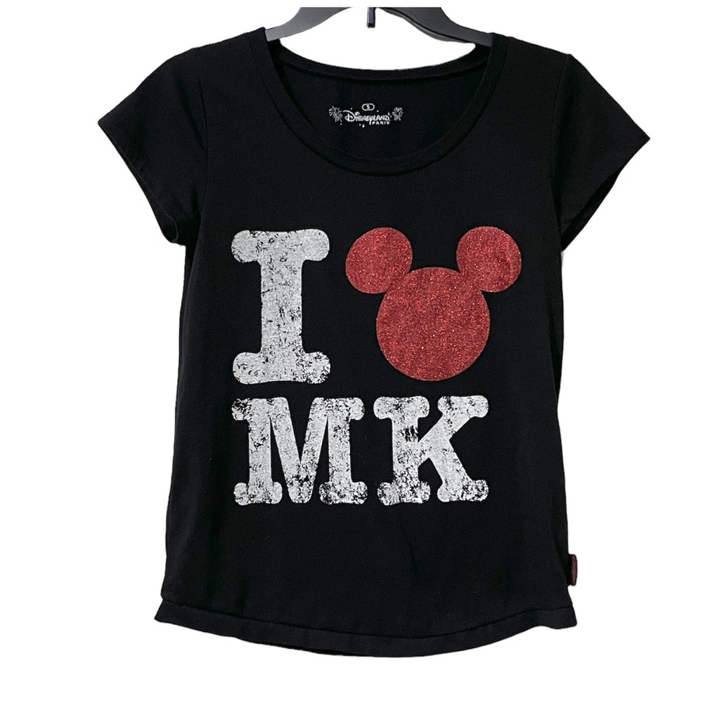 Disneyland Paris Women’s I Love MK Black Tee/T-Shirt Size Small Glitter Mickey